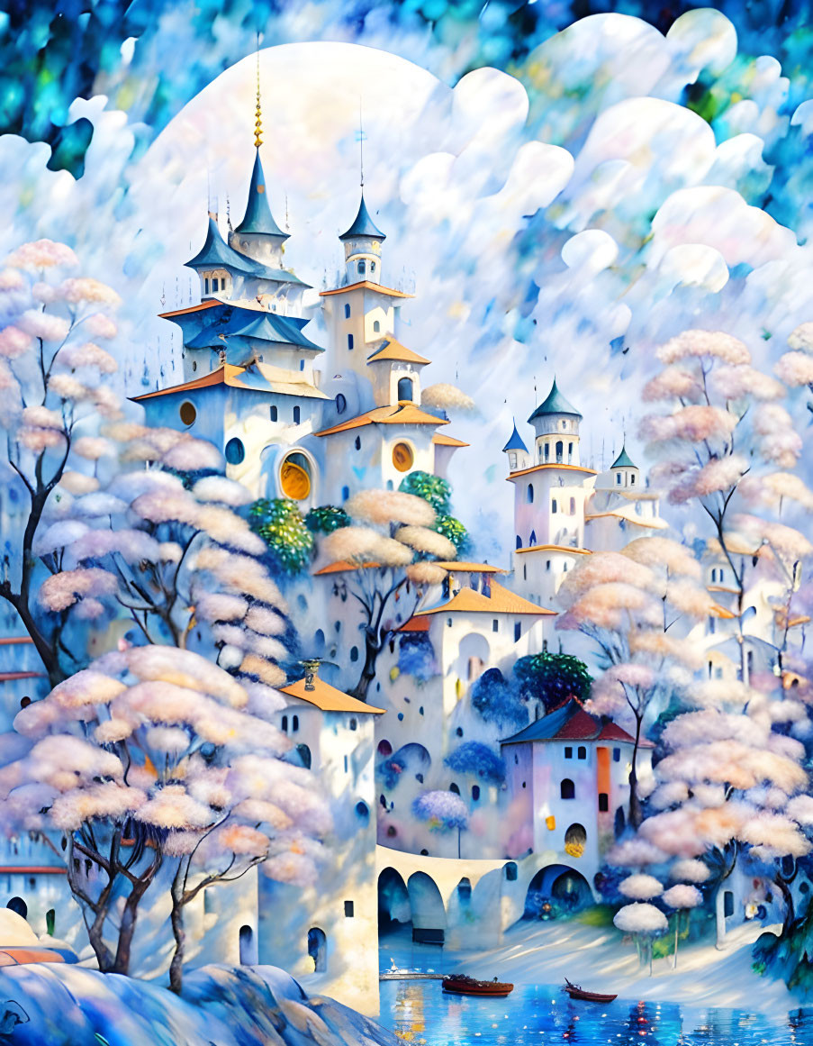 Snowy landscape with fairytale castles and frosted trees illustration