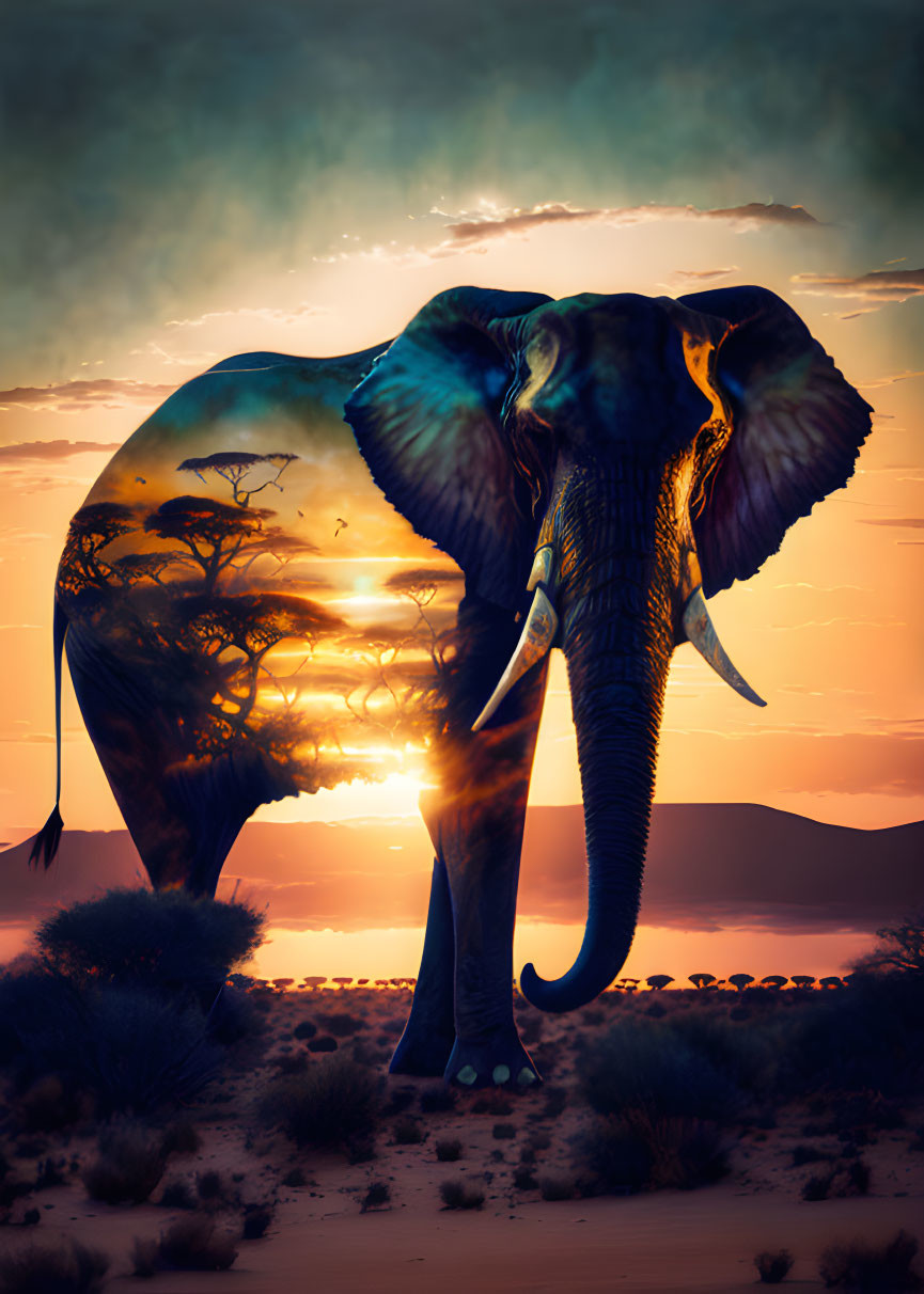 Translucent Elephant with Savanna Sunset Backdrop and Desert Wildlife