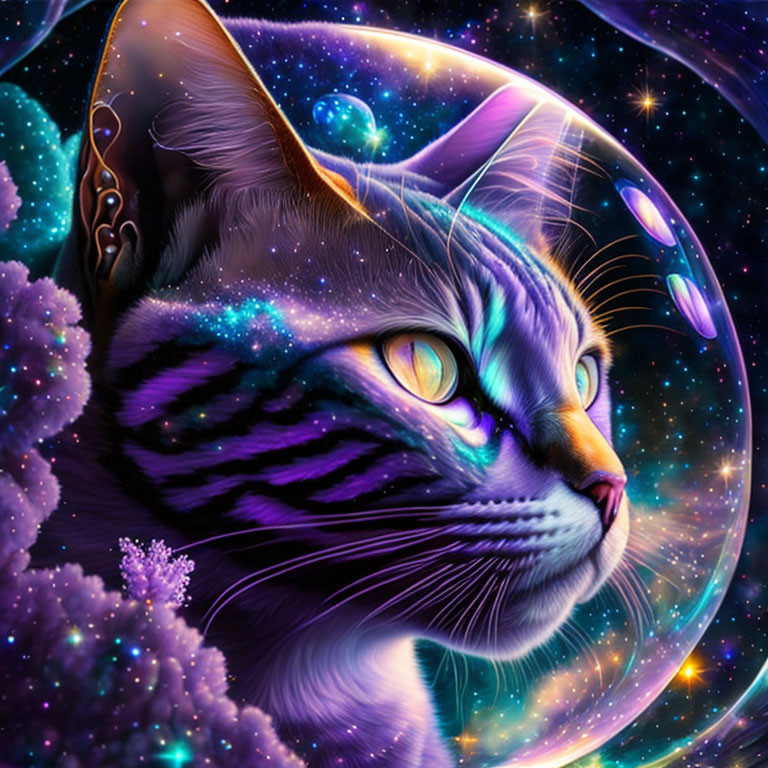 Colorful cosmic cat art with galaxy patterns in space