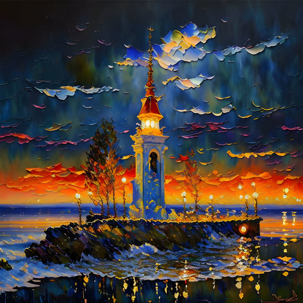 Church spire painting with dramatic sky and fiery sunset