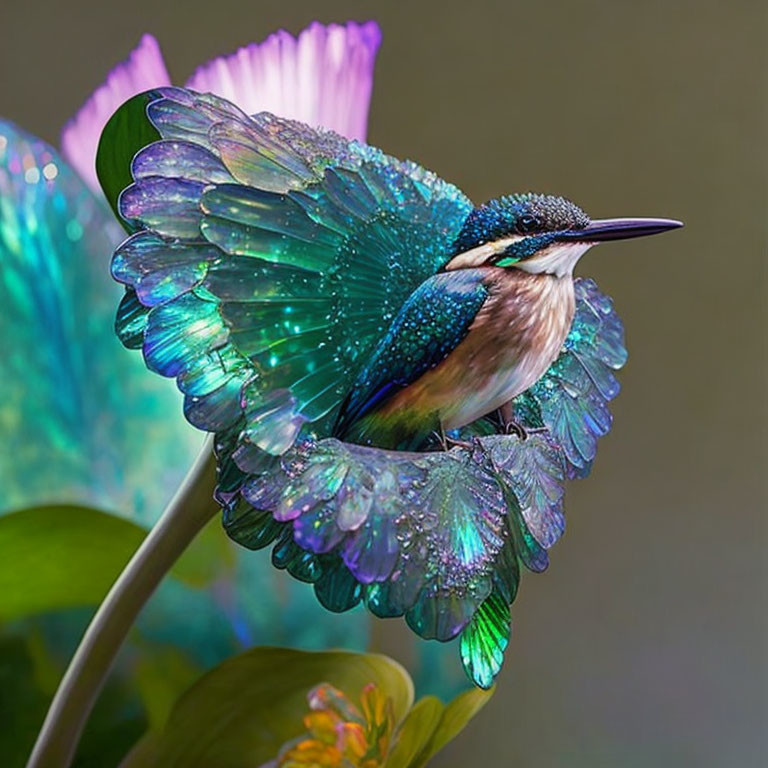 Colorful bird displaying iridescent blue and green feathers on stem