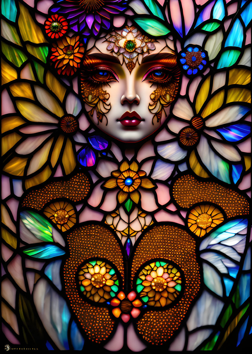 Colorful woman portrait with floral patterns and stained glass design