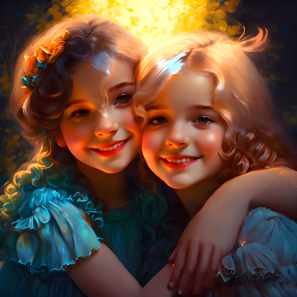 Two smiling girls with wavy hair hugging in warm, softly lit setting in ruffled blue dresses