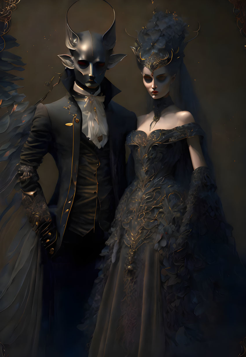 Gothic fantasy couple in dark attire with wolf mask and horned headdress