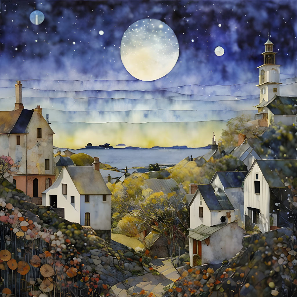 Coastal village night scene with houses, lighthouse, starry sky, and moon