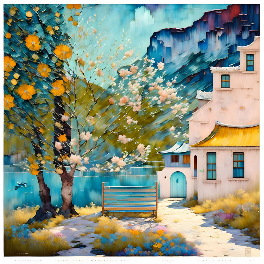 Colorful autumn landscape painting with lake, cliffs, and white houses