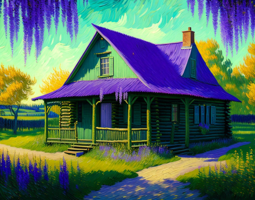 Colorful illustration of green log cabin, purple roof, wisterias, lavender fields, yellow sky