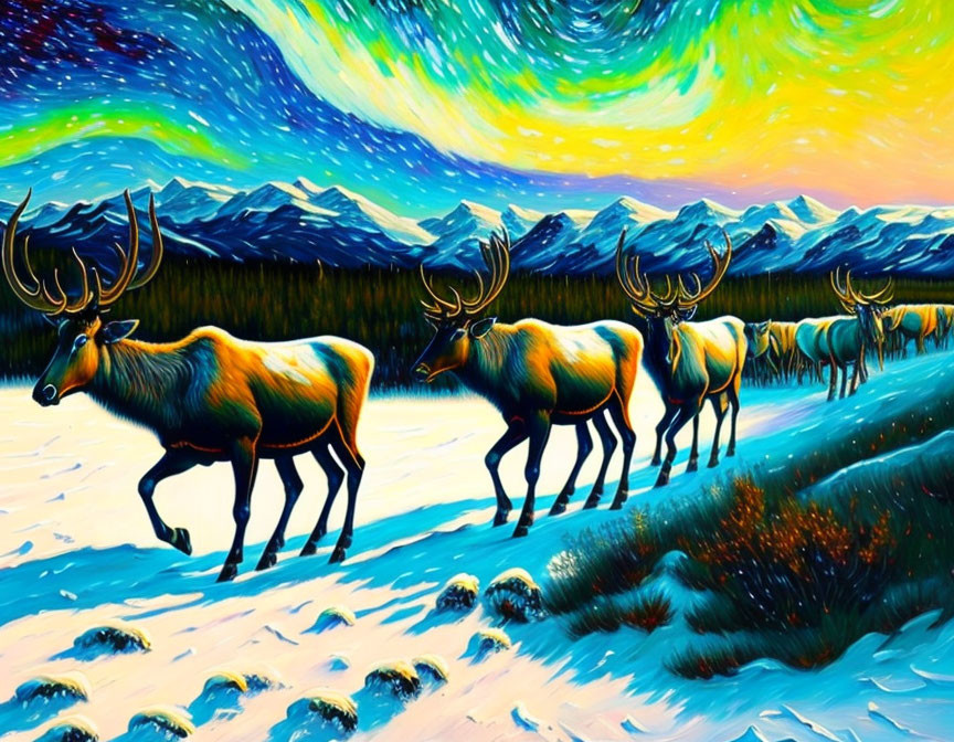 Colorful Painting: Elk Herd in Snow with Aurora Sky & Mountain