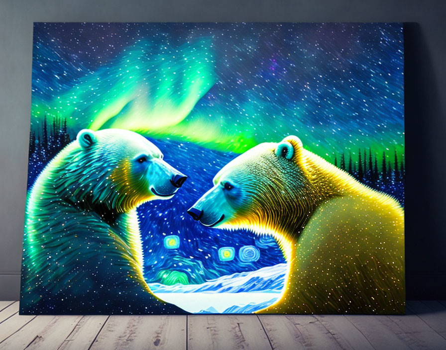 Colorful Polar Bears Painting with Aurora Borealis Sky in Room