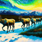 Colorful Painting: Elk Herd in Snow with Aurora Sky & Mountain