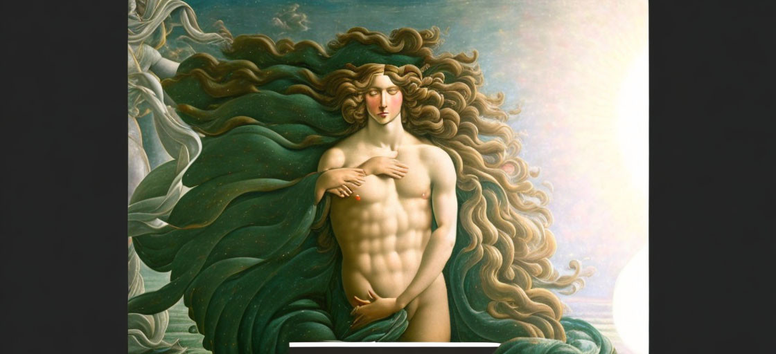 Ethereal figure with flowing hair and toned body on cool-toned background