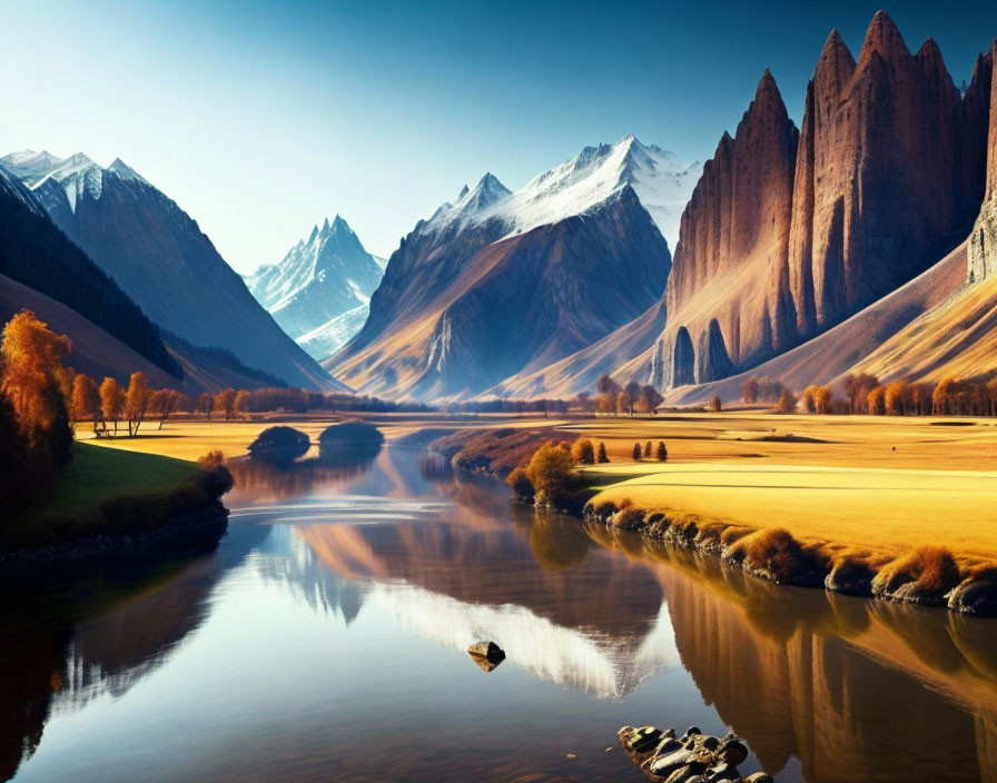 Tranquil landscape: serene river, mountain reflection, golden foliage