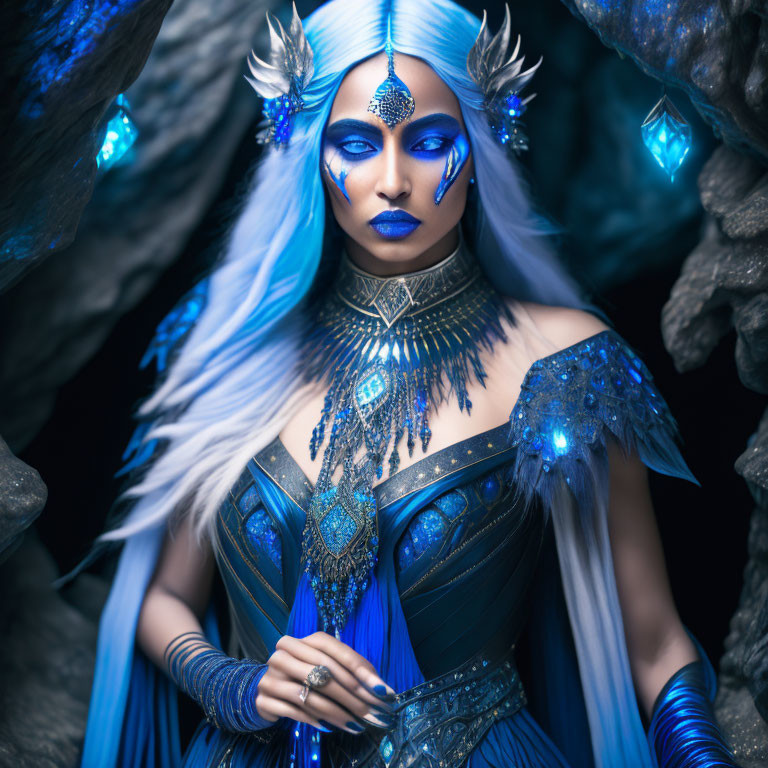 Elaborate Blue Fantasy Costume with Crystal Formations