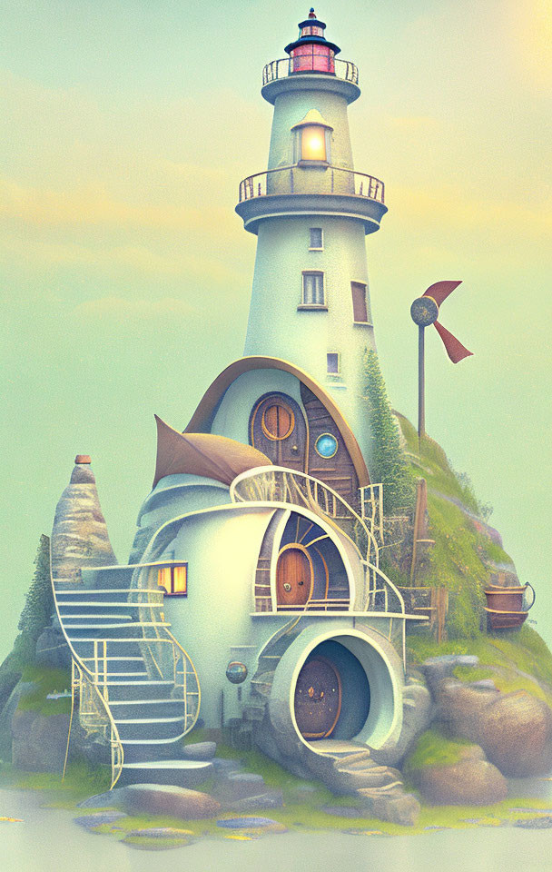 Whimsical cozy lighthouse with cottage on rocky islet