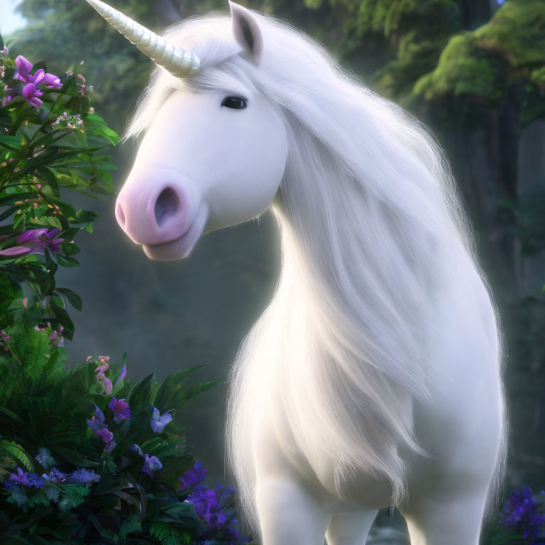 White unicorn with long mane in mystical forest with blooming flowers