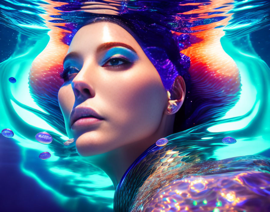 Artwork of woman with fish-like features in vibrant underwater scene