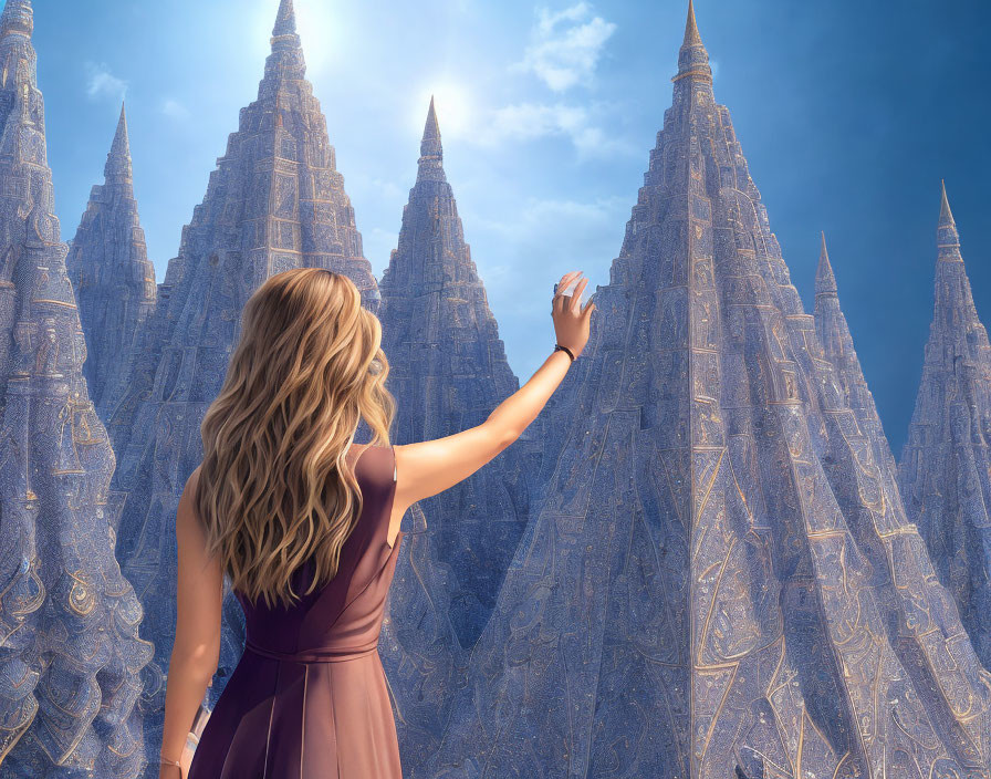 Woman in Purple Dress Reaching Towards Blue Crystal Spires