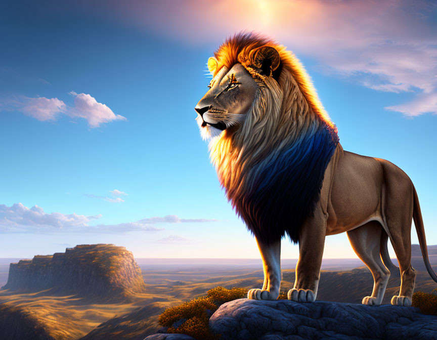 Majestic lion with blue and orange mane on rock in savanna