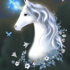 White unicorn with long mane in mystical forest with blooming flowers