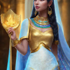 Digital artwork featuring woman in ancient Egyptian attire with an ankh staff