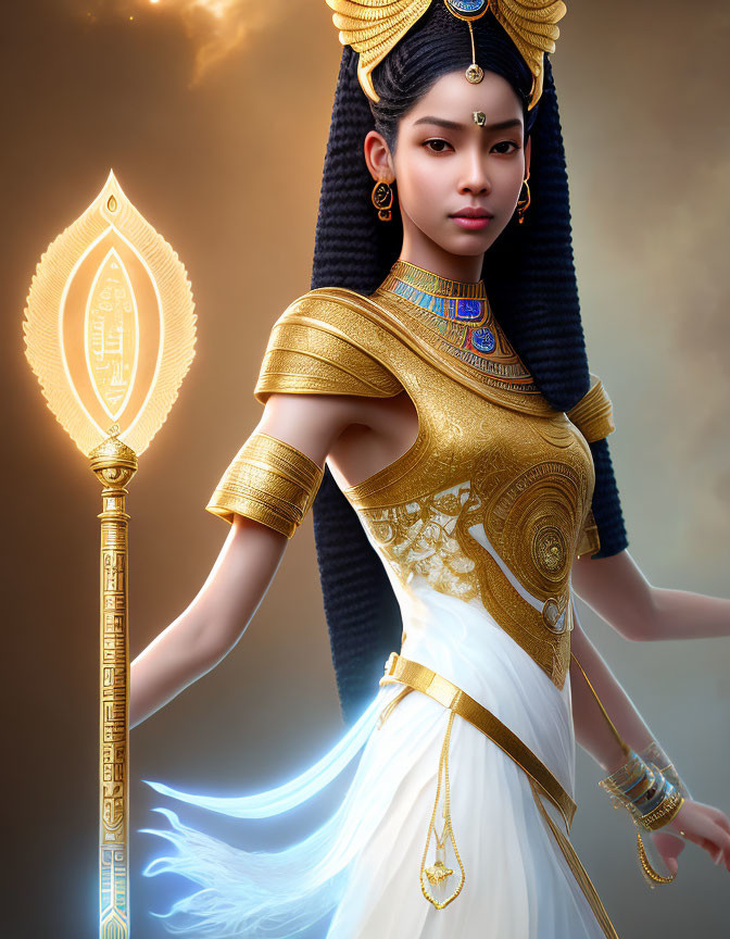 Digital artwork featuring woman in ancient Egyptian attire with an ankh staff