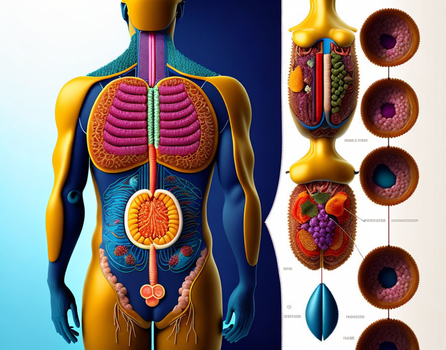 Detailed Human Body Illustration: Respiratory and Digestive Systems Anatomy