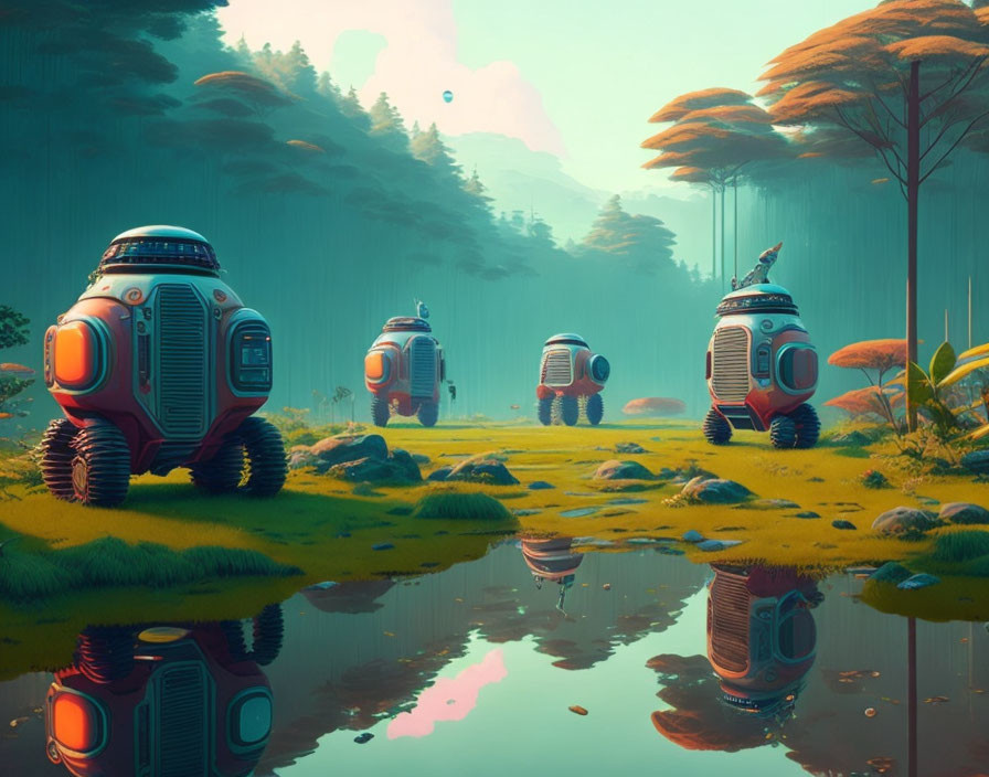 Spherical-bodied robots in misty forest with reflective pond