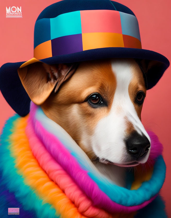 Multicolored Checkered Hat and Rainbow Scarf on Dog against Pink Background