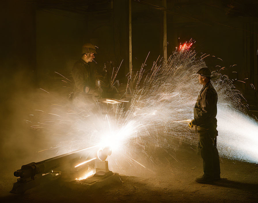 Industrial workers in protective gear using equipment creating bright sparks