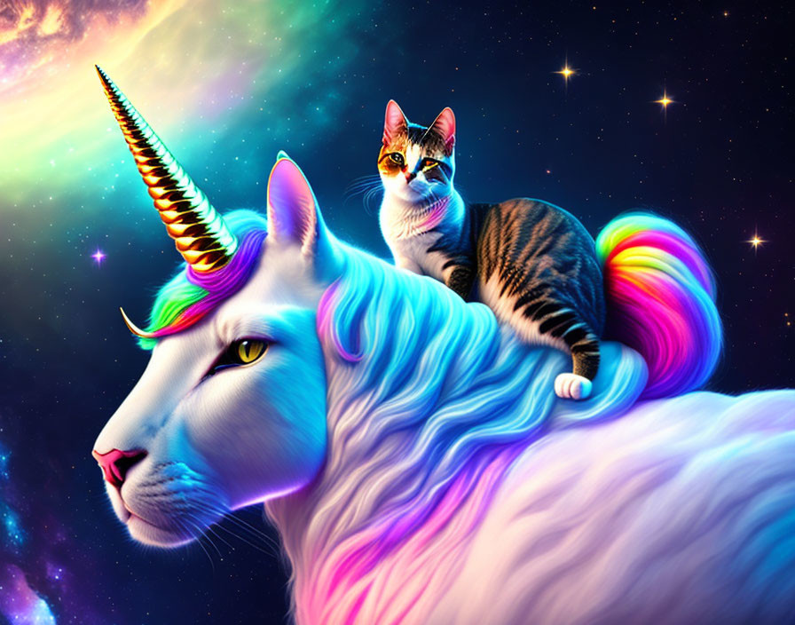 Vibrant fantasy scene: white unicorn with rainbow mane and tabby cat under starry sky