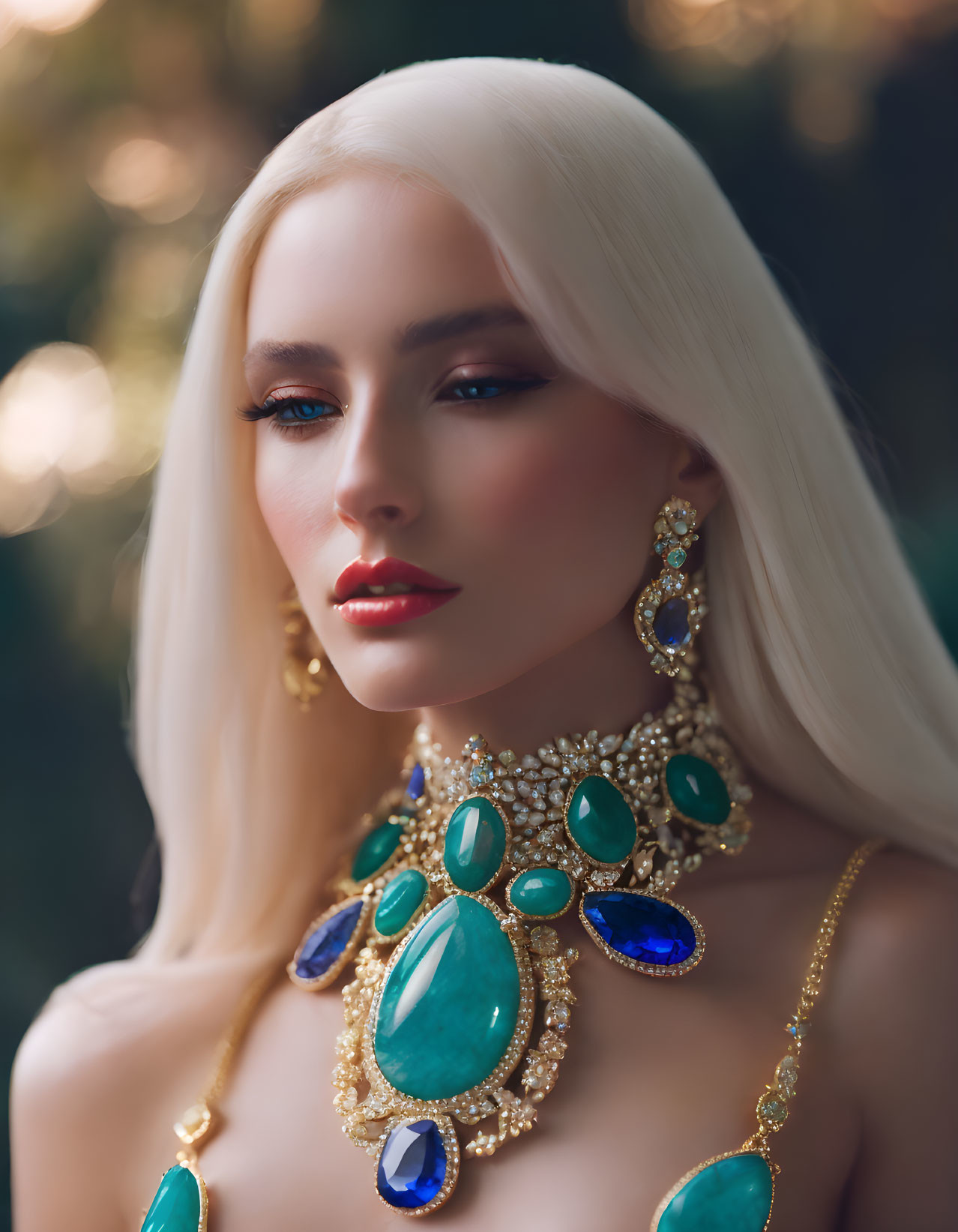 Platinum blonde woman in bold makeup with green and blue gemstone jewelry