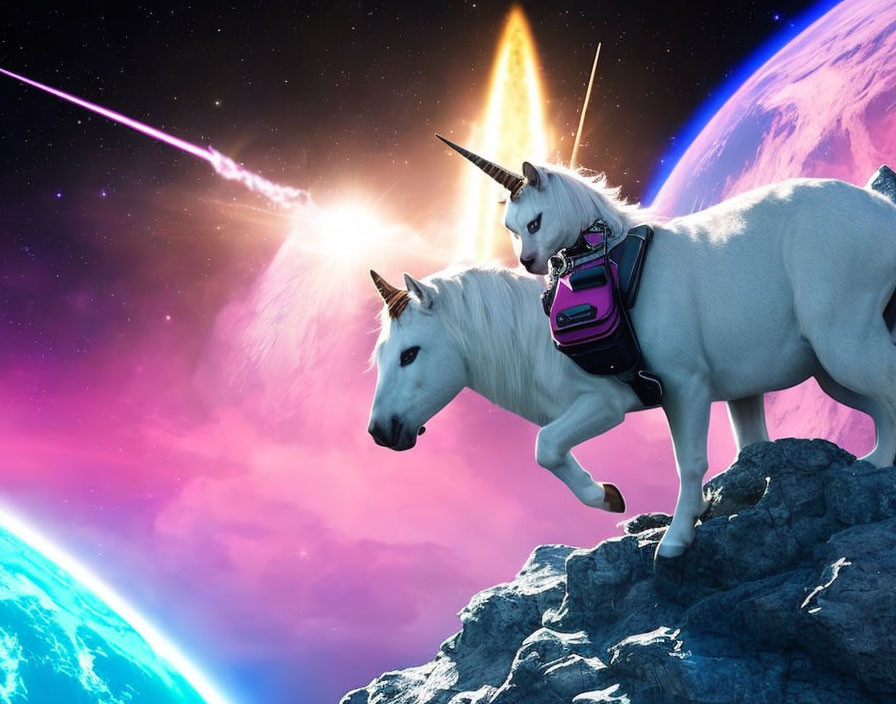 Two unicorns with a backpack in fantasy space scene with colorful planets and shooting stars