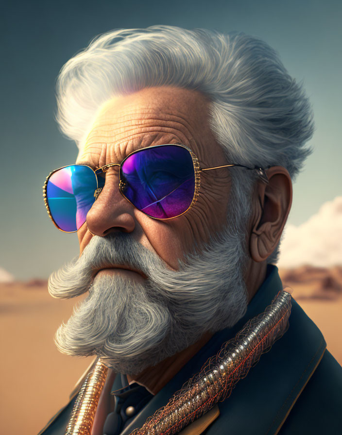 Elderly man with white beard in round sunglasses and stylish jacket in desert landscape