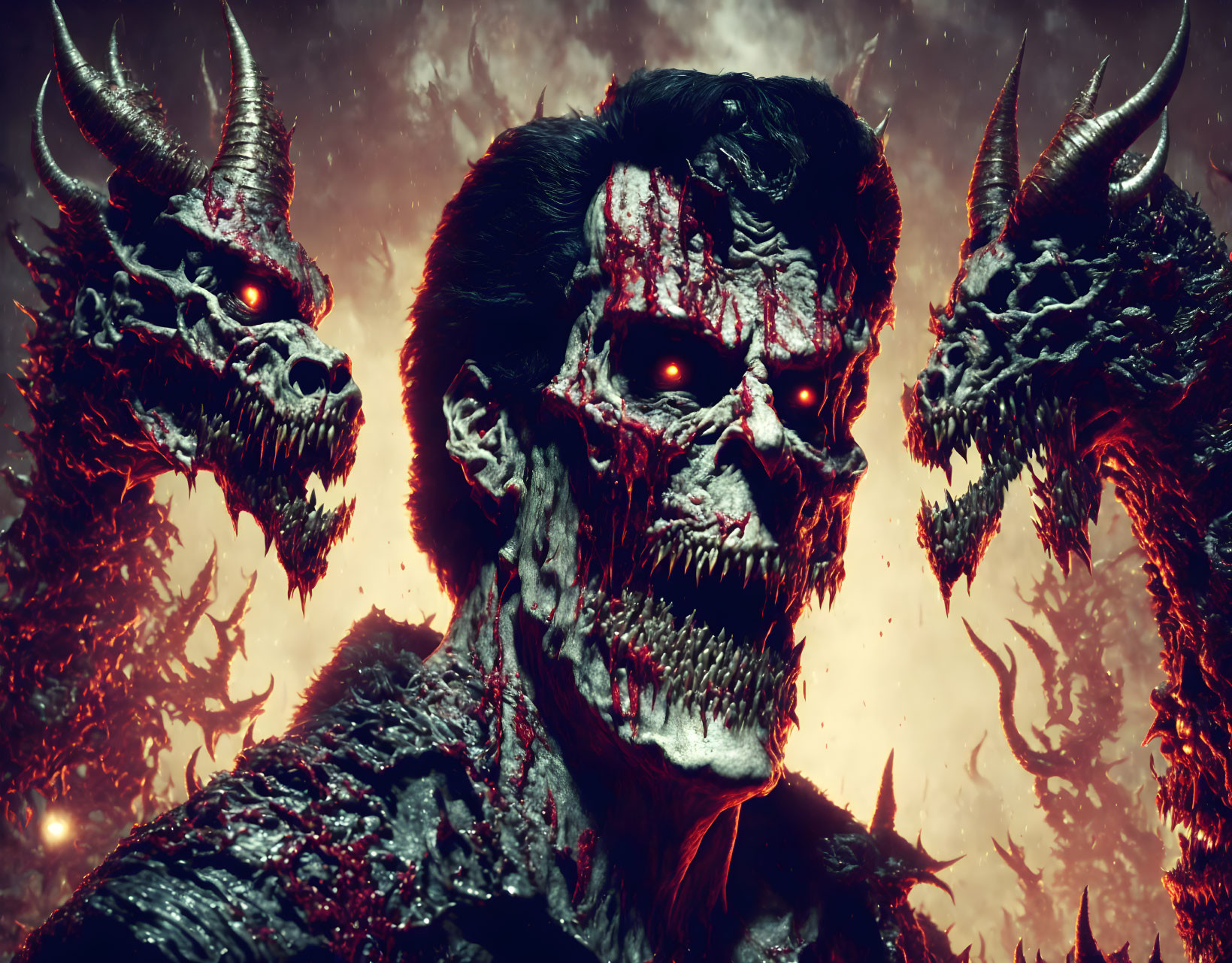 Sinister demonic figures with red eyes and sharp horns in fiery setting