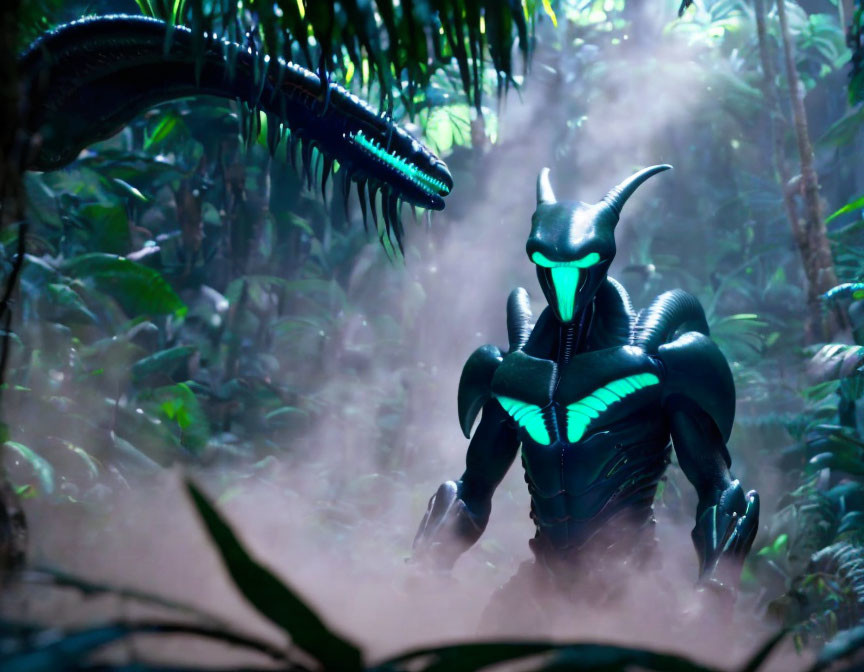 Black Armored Alien Confronts Large Creature in Misty Jungle