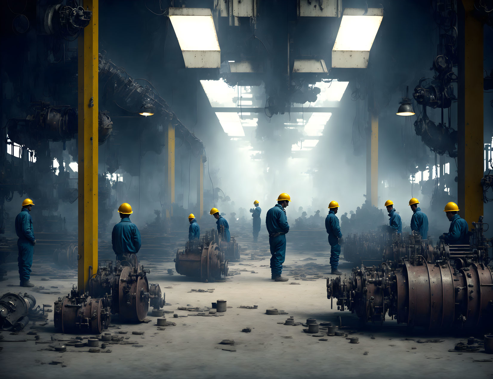 Industrial workers in blue uniforms and hard hats at work with heavy machinery in factory setting.