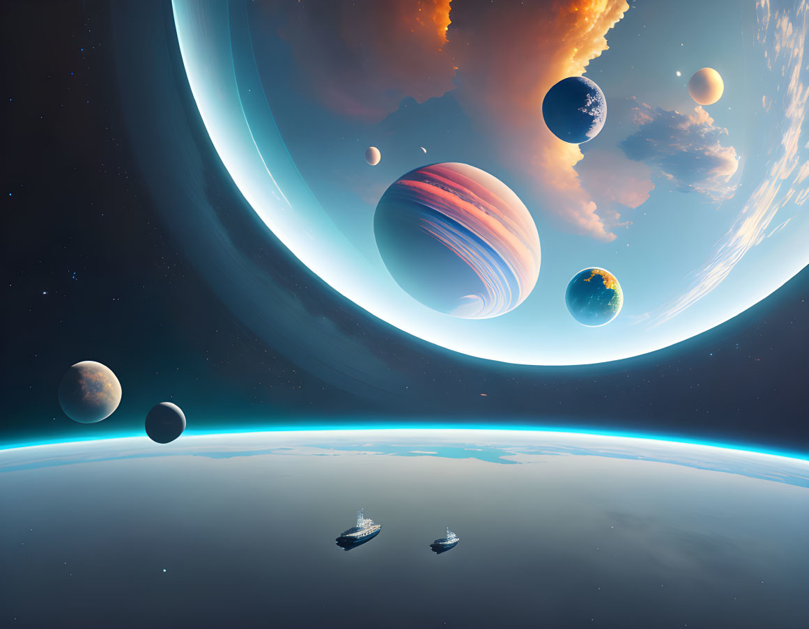 Surreal space scene with ships and colorful planets