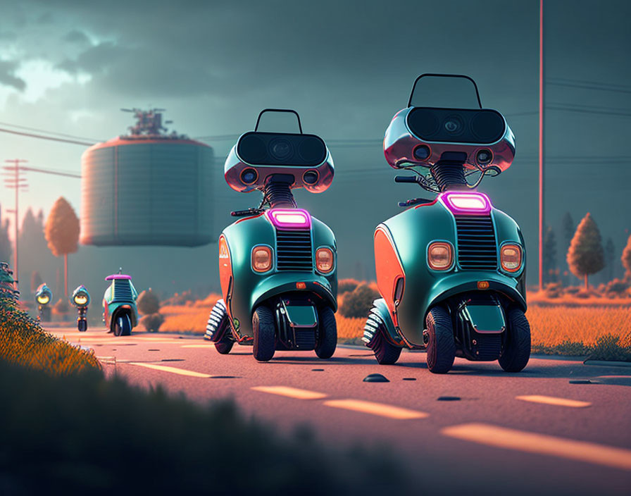 Futuristic scooters with oversized sunglasses-shaped headlights on a surreal, dusky road