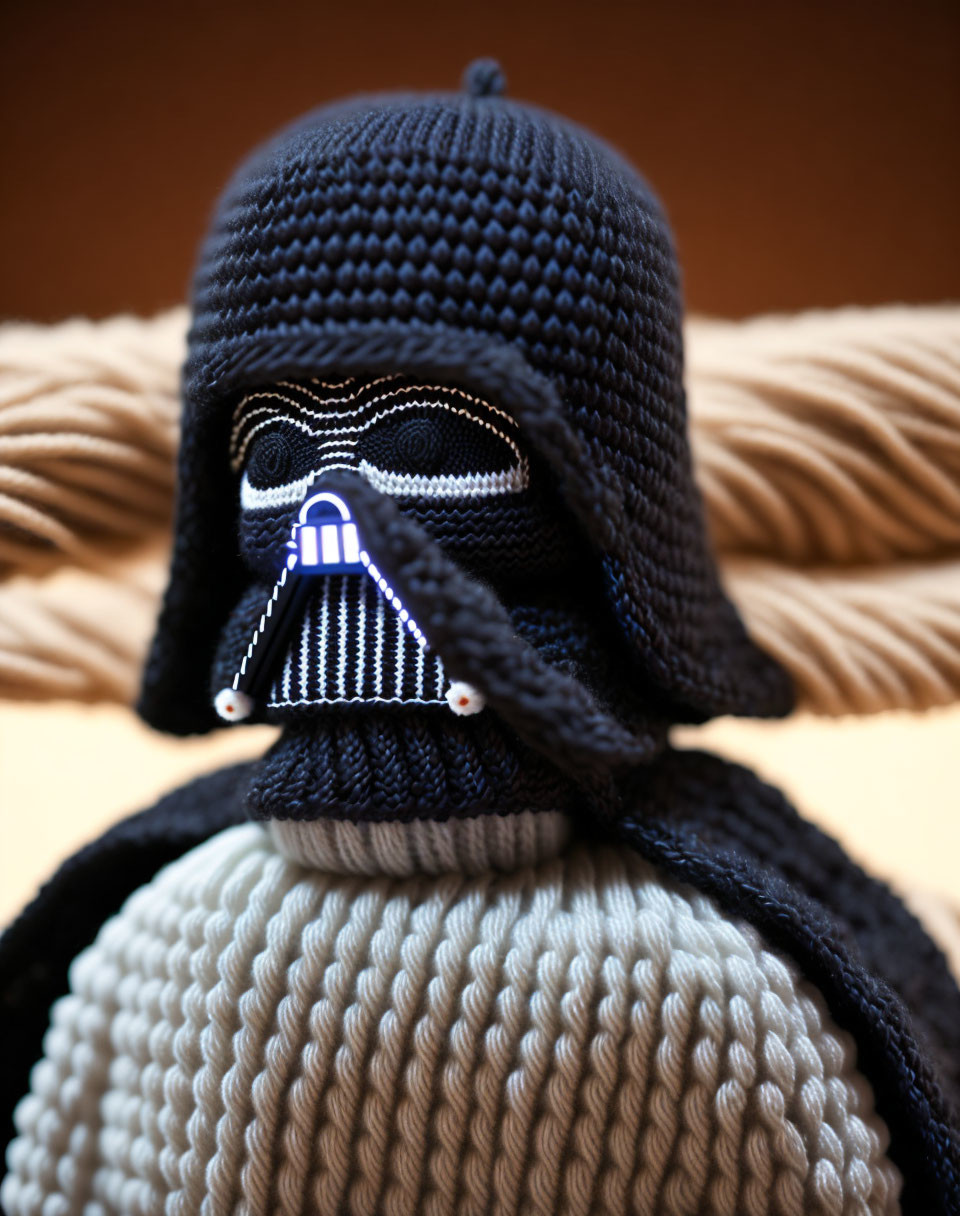 Knitted Darth Vader figure with intricate stitching on blurred rope-like background