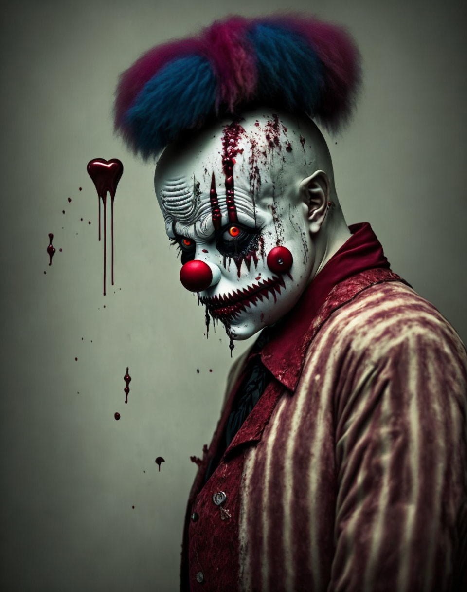 Creepy clown with white face paint and bloody balloon on gray background