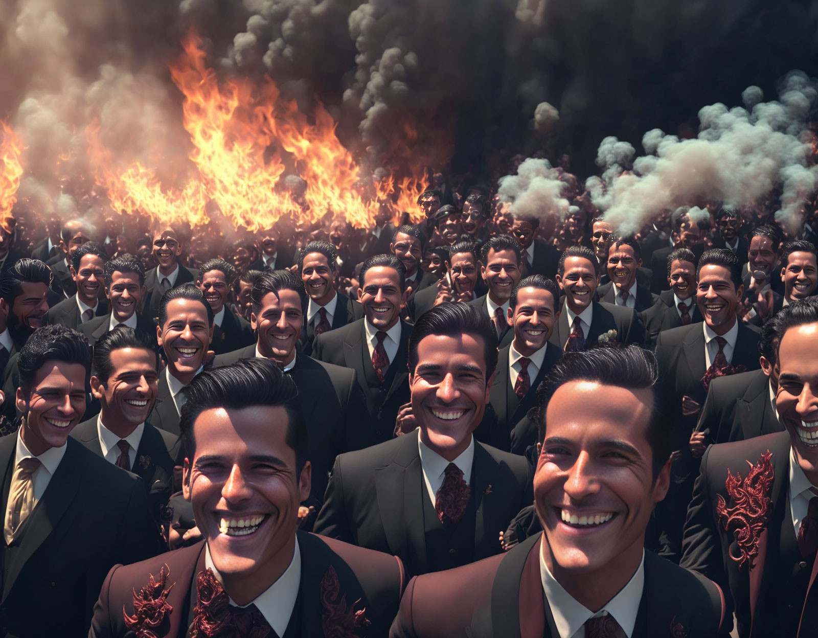 Identical Men in Formal Attire Smiling Amidst Flames and Smoke