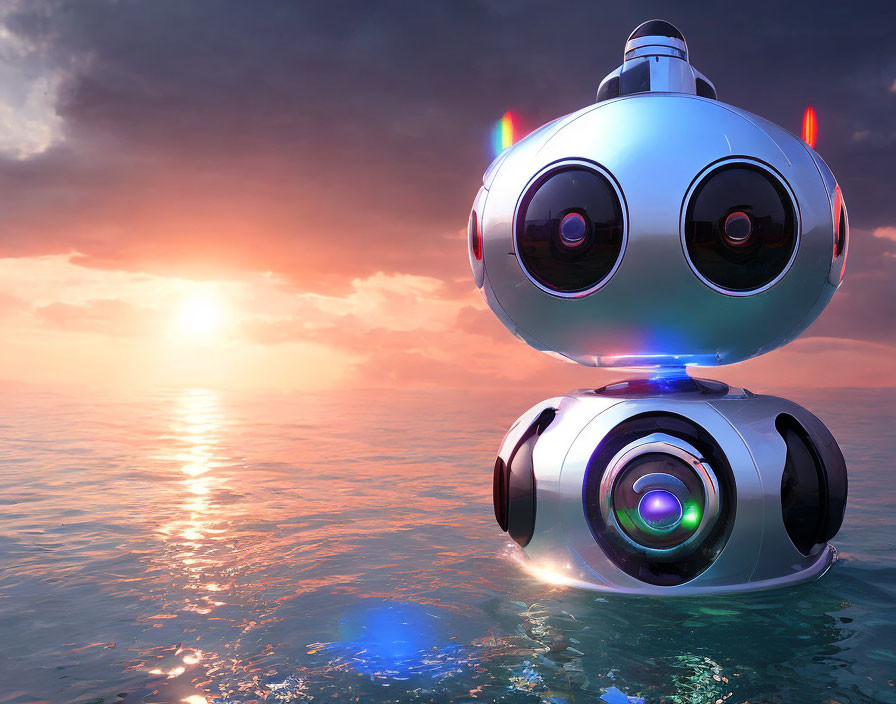 Futuristic robot with large eyes at sunset by the sea