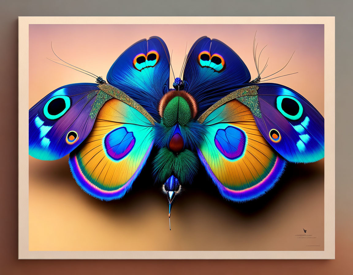 Symmetrical butterfly digital illustration with intricate patterns and bright colors displayed as wall art.