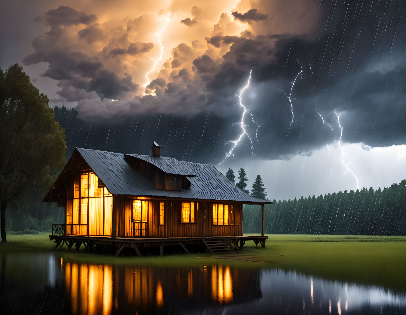 Illuminated cabin by lake in stormy sky with lightning and rain