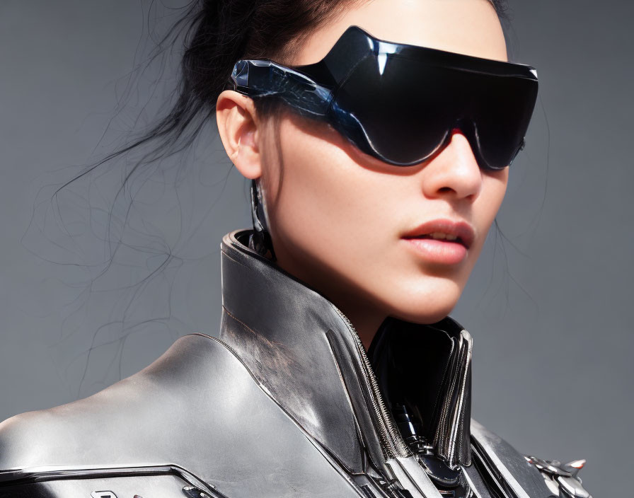 Futuristic woman in oversized sunglasses and metallic outfit