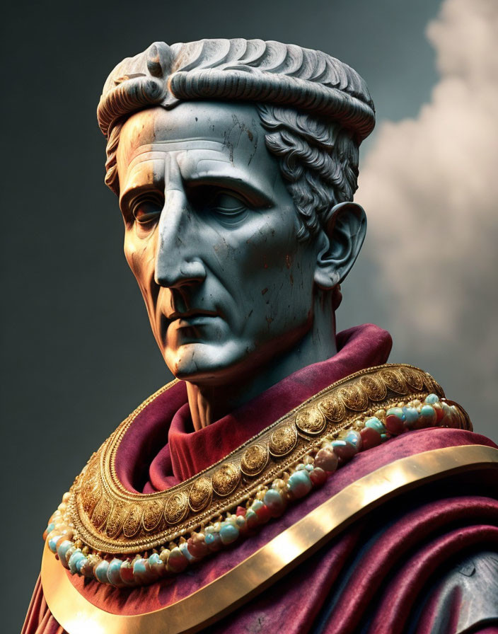 Roman Emperor Bust: Intricately Sculpted, Adorned in Armor Collar and Purple Clo