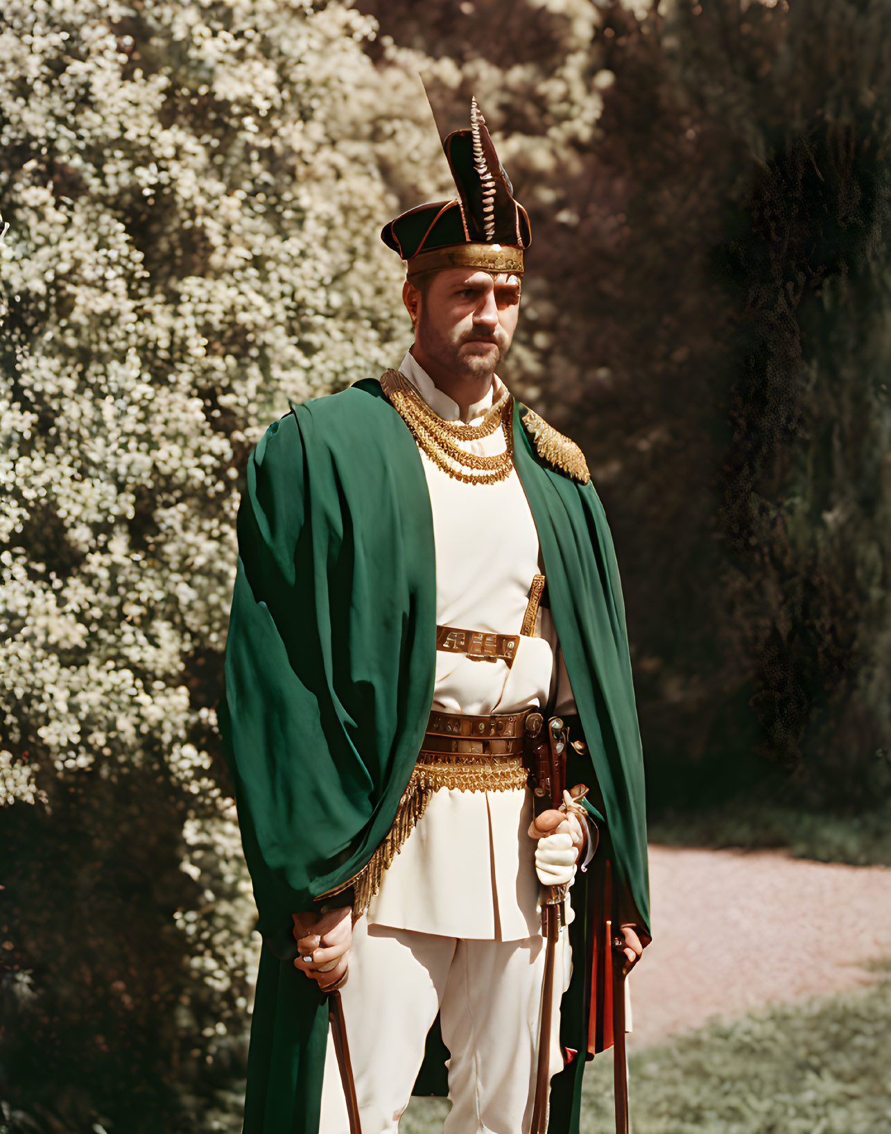 Historical man in green cape and feathered headdress outdoors