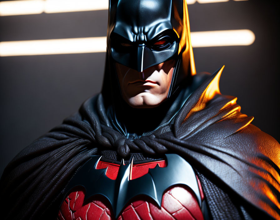 Person in Batman costume with intense gaze and cape under dramatic lighting