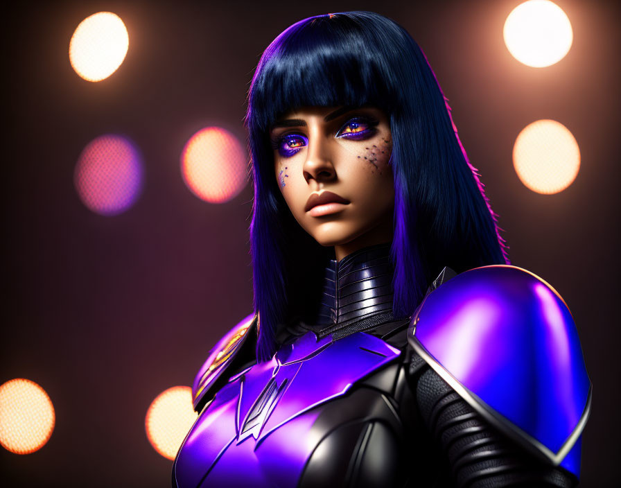 Blue-haired woman in futuristic armor with glowing orbs backdrop.