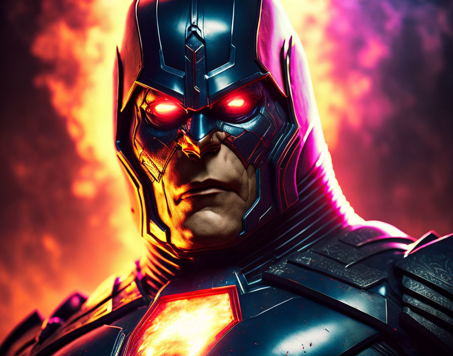 Menacing superhero in armor with glowing red eyes and dark helmet against fiery backdrop